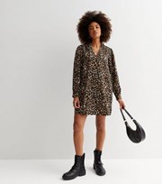 New Look Black Leopard Print Long Sleeve Mini Smock Shirt Dress